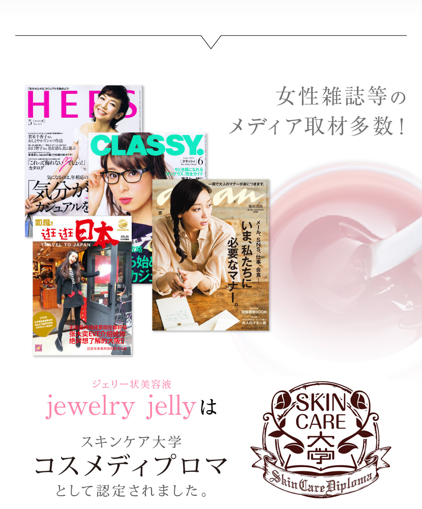 HERSやCLASSYなど女性雑誌のメディア取材多数！ジェリー状美容液ジュエリージェリーはスキンケア大学のコスメディプロマとして認定されました