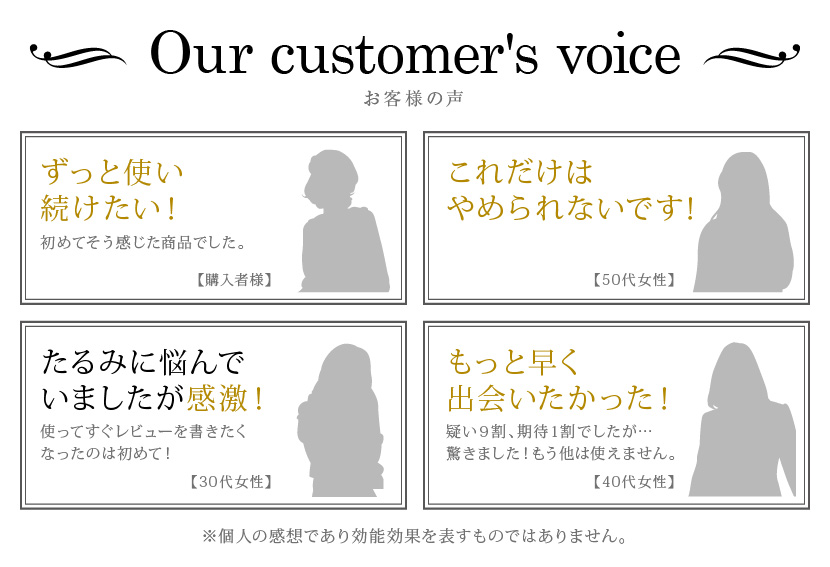 「ずっと使い続けたい！」「これだけはやめられないです」「たるみに悩んでいましたが感激！」「もっと早く出会いたかった！」などたくさんのお客様からのお声を頂いています