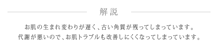 解説 お肌の生まれ変わりが遅く、古い角質が残ってしまっています。代謝が悪いので、お肌トラブルも改善しにくくなってしまっています。