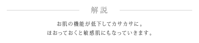 解説 お肌の機能が低下してカサカサに。
ほおっておくと敏感肌にもなっていきます。