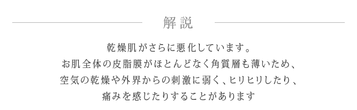 解説 乾燥肌がさらに悪化しています。
お肌全体の皮脂膜がほとんどなく角質層も薄いため、空気の乾燥や外界からの刺激に弱く、ヒリヒリしたり、痛みを感じたりすることがあります